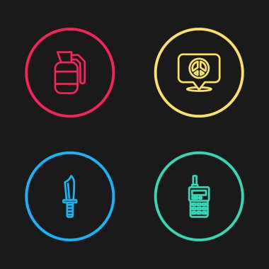 Askeri bıçak, telsiz, lokasyon barışı ve el bombası ikonu. Vektör