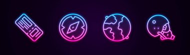 Set hattı uçak bileti, pusula, dünya çapında ve modern pilot kaskı. Parlayan neon ikonu. Vektör