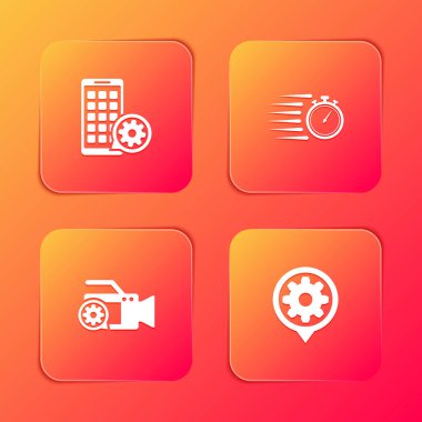 Mobil Uygulamalar ayarları, Stopwatch, Video kamera ve Ayarlama simgesi. Vektör.