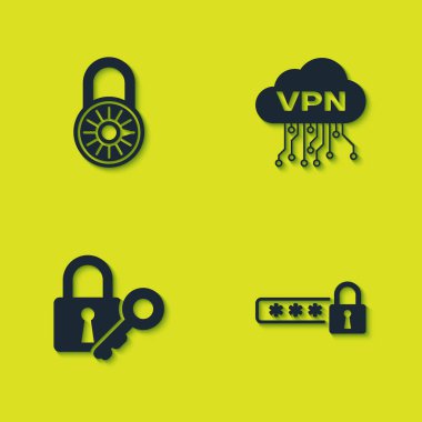 Güvenli kilit tekerleği, şifre koruması, kilit ve anahtar ve Cloud VPN arayüz simgesini ayarla. Vektör.