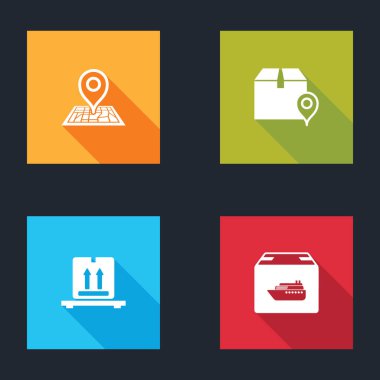 Yer Tutucu 'yu haritada, karton kutulu konumu, karton kutular paleti ve kargo gemisi simgesini ayarlayın. Vektör.