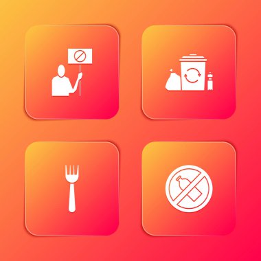 Doğa koruma protestosunu, geri dönüşüm kutusunu geri dönüşümlü, tek kullanımlık plastik çatal ve şişe simgesi olmadan düzenleyin. Vektör.