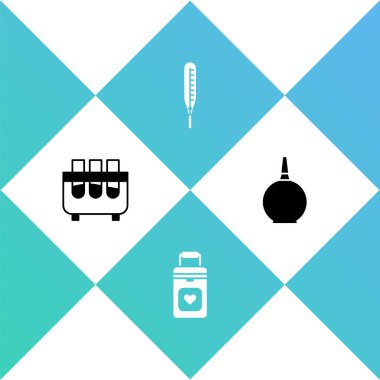 Test tüpü ve matara, Organ kabı, Tıbbi termometre ve Enema ikonunu hazırlayın. Vektör.