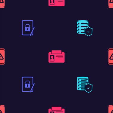 Sunucuyu kalkan, Tablet 'in kapalı asma kilidi, kimlik kartı ve mobil ünlem işaretini pürüzsüz desen üzerine ayarla. Vektör.