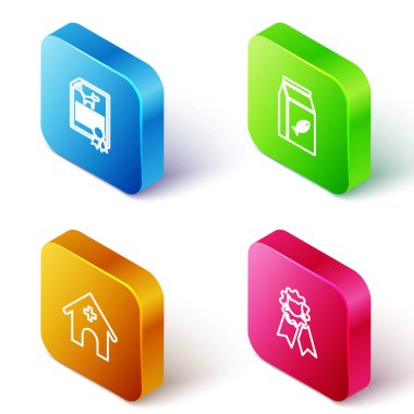 Köpek ya da kedi için Isometric sertifikası, yiyecek çantası, veteriner hastanesi ve kedi ödülü ikonu hazırla. Vektör.