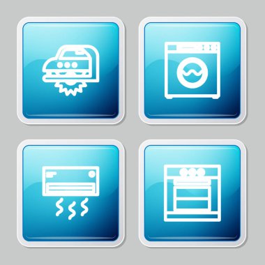 Elektrikli testere, çamaşır makinesi, klima ve fırın ikonu. Vektör.