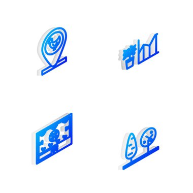 Isometric hattı çiçek istatistikleri, tavuk çiftliği ve konumu Akıllı tarım teknolojisi ve ağaç ikonu ayarla. Vektör.