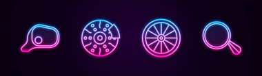 Ayna, fren diski, tekerlek ve kalibre aynasıyla ayarla. Parlayan neon ikonu. Vektör.