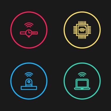 Akıllı güvenlik kamerası, kablosuz laptop, mikro devreli işlemci ve Smartwatch simgesini ayarla. Vektör