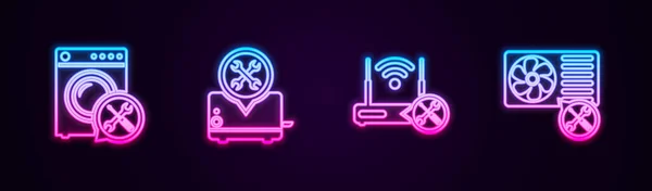 设置线洗涤器服务 烤面包机 Router无线保真及空调 发光的霓虹灯图标 — 图库矢量图片