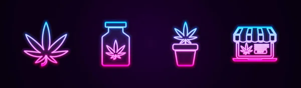 Set Line Marihuana Oder Cannabisblatt Medizinische Flasche Mit Marihuana Pflanze — Stockvektor
