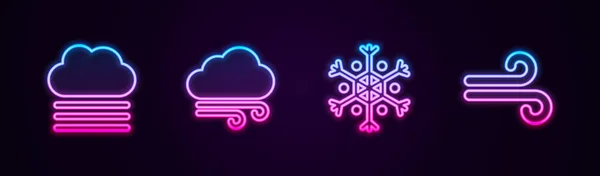 Set Line Fog Cloud Windy Weather Snowflake Glowing Neon Icon — Stock Vector