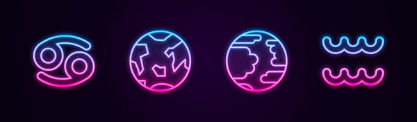 Cancer Zodiac Planet Earth Mercury Kova Hattını Ayarlayın Parlayan Neon — Stok Vektör