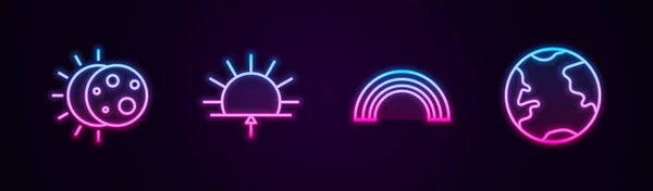 Güneş Tutulması Gündoğumu Gökkuşağı Dünya Küresi Çizgisi Parlayan Neon Ikonu — Stok Vektör
