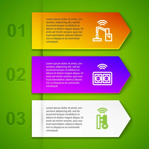 Stock vector Set line Robotic robot arm hand factory, Smart electrical outlet, thermometer and warehouse. Business infographic template. Vector