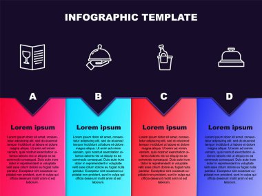 Restoran menüsü, tepside yemek, buz kovasında şampanya ve otel servis çanlarıyla kaplı. Ticari bilgi şablonu. Vektör