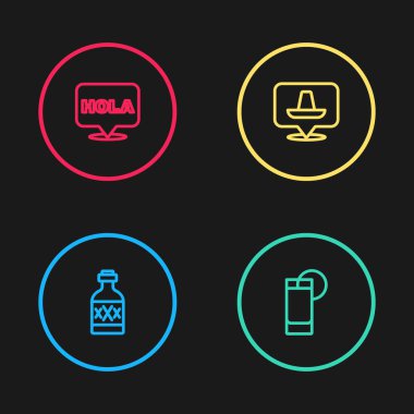 Tekila şişesi, limonlu bardak, Meksika şapkası ve Hola ikonu. Vektör