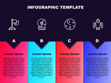 Ay 'ı bayrak, astronot miğferi, Mars Gezegeni ve Roket gemisi ile hizaya sokun. Ticari bilgi şablonu. Vektör