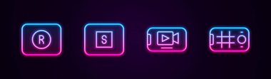Satır Kaydı düğmesi, Ortamı Durdur, Çevrimiçi oyun videosu ve Selfie cep telefonunu ayarla. Parlayan neon ikonu. Vektör