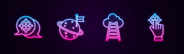 Hedef Alın Bayraklı Merdiveni Bitirin Parlayan Neon Ikonu Vektör — Stok Vektör