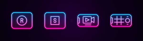 设置线记录按钮 停止媒体 在线播放视频和自拍手机 发光的霓虹灯图标 — 图库矢量图片