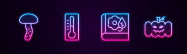 Çizgi mantarı, termometreyi, bitkiyi ve balkabağını ayarla. Parlayan neon ikonu. Vektör