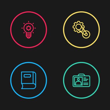 Satır kitabı, kimlik kartı, zaman ayarlama çantası ve ampul simgesi. Vektör