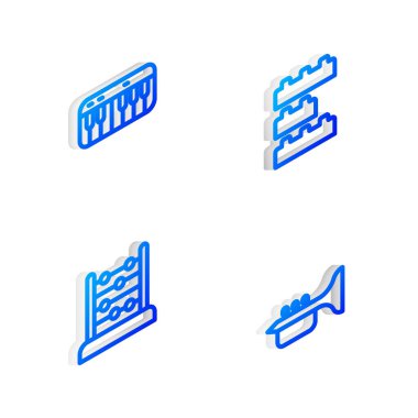 Isometric hattı oyuncak yapı taşı tuğlaları, müzik sentezleyicisi, abaküs ve trompet simgesini ayarla. Vektör