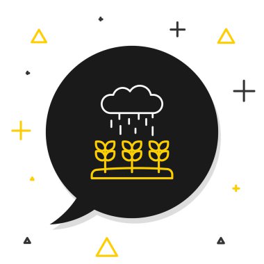 Beyaz arka planda izole edilmiş çizgi bitkisi filizleri yağmur ikonunda yetişir. Tohumlama konsepti. Renkli taslak konsepti. Vektör