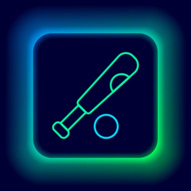 Siyah zemin üzerinde top ikonu olan parlak neon çizgili beysbol sopası. Renkli taslak konsepti. Vektör