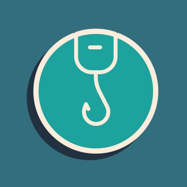 Yeşil balıkçı kancası simgesi yeşil arka planda izole edildi. Balık oltası. Uzun gölge tarzı. Vektör.