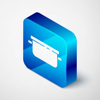 Gri arkaplanda izole edilmiş Isometric Yemek Tenceresi ikonu. Haşlama ya da güveç besin sembolü. Mavi kare düğme. Vektör.