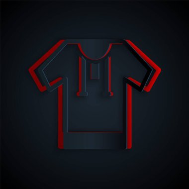 Kağıt kesiği işlemeli gömlek simgesi siyah arkaplanda izole edilmiş. Ulusal Ukrayna giysileri. Kağıt sanatı tarzı. Vektör.