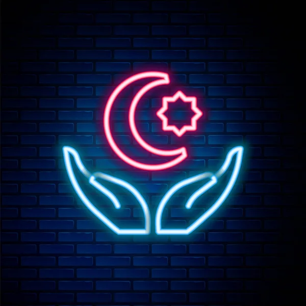 Linea Neon Luminosa Stella Mezzaluna Simbolo Dell Icona Islamica Isolata — Vettoriale Stock
