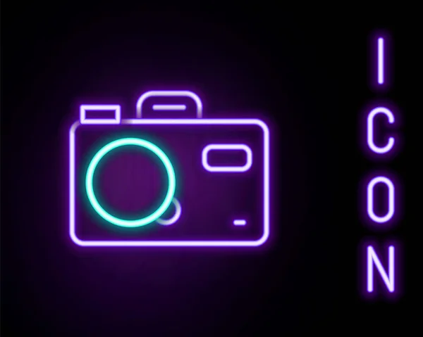 Glödande Neon Line Fotokamera Ikon Isolerad Svart Bakgrund Fotokamera Digitalt — Stock vektor