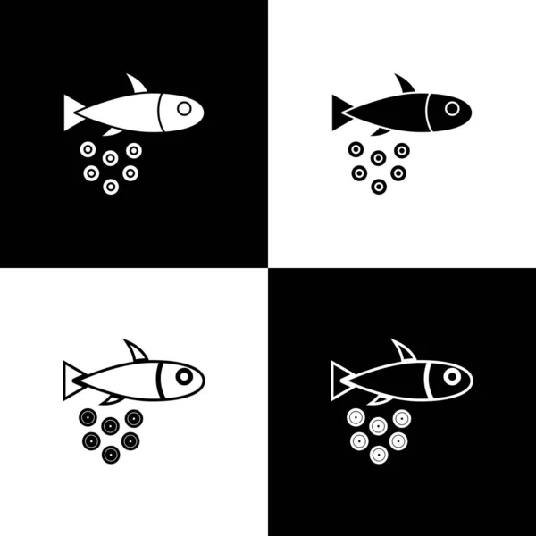Set Fisch Mit Kaviar Symbol Isoliert Auf Schwarzem Und Weißem — Stockvektor