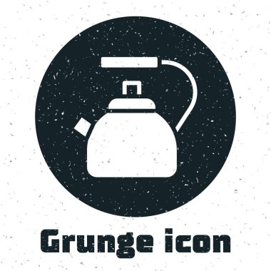 Grunge Kettle 'ın beyaz arka planda ikonu var. Çaydanlık ikonu. Tek renkli klasik çizim. Vektör