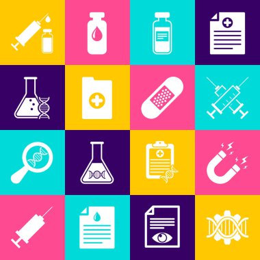 Genetik mühendisliğini ayarla, yıldırımlı mıknatıs çapraz şırınga, tıbbi şişe, ampul, klinik kayıt ve DNA araştırması, arama ikonu. Vektör
