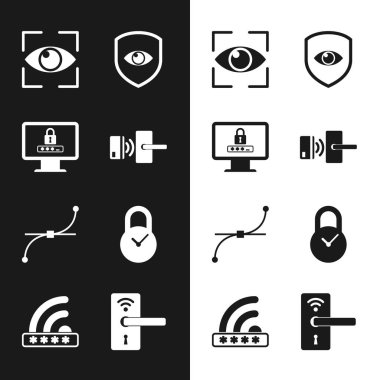 Dijital kapı kilidini kablosuz, monitör şifresi, göz taraması, kalkan ve göz, Bezier eğrisi ve asma kilit saat simgesi ile ayarla. Vektör