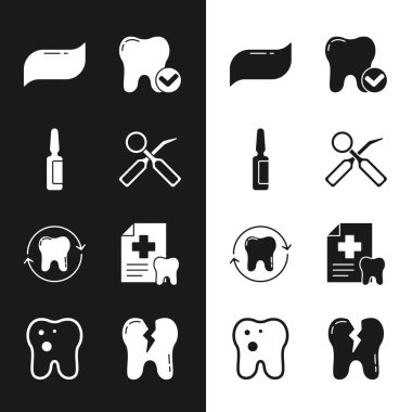 Diş muayenesi aynası, ağrı kesici tablet, diş macunu, beyazlatma konsepti, kart, kırık diş ve taşıyıcı ikonu ayarla. Vektör