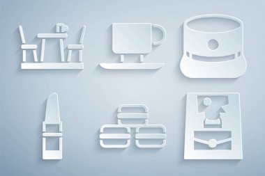 Makarna, Kepi, ruj, el çantası, kahve fincanı ve Fransız kafe ikonu. Vektör