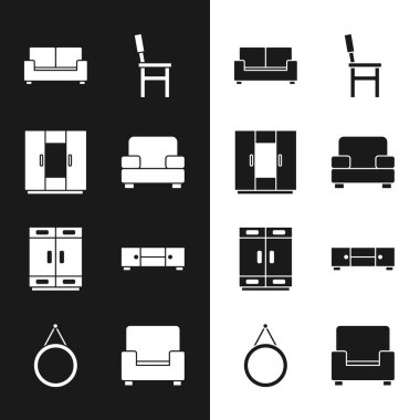 Kol Koltuğu, Gardırop, Koltuk, Sandalye, Göğüs Çekmeceleri ve Ayna ikonu. Vektör