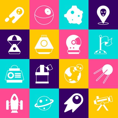 Teleskop, uydu, bayraklı uydu, göktaşı, uzay kapsülü, kuyruklu yıldız hızla düşüyor ve astronot başlığı simgesi. Vektör