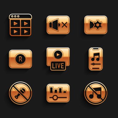 Canlı yayın, Müzik eşitleyici, Hoparlör sessiz, oyuncu, Dilsiz mikrofon, Kayıt düğmesi, video ayarları ve çalma listesi simgesini ayarlayın. Vektör