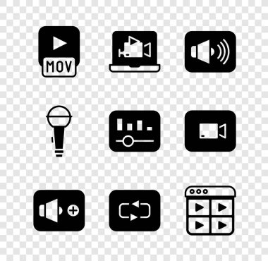MOV dosyası, Çevrimiçi çalma videosu, Hoparlör sesi, Tekrarla düğmesi, Müzik çalma listesi, Mikrofon ve eşitleyici simgesi ayarlayın. Vektör