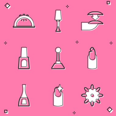 Manikür lambası, tırnak cilası, sahte tırnak cilası, şişe, manikür için değirmen makası, kırık ve ikon. Vektör