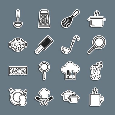 Sıralı kahve fincanı, köpüklü sünger, kızartma tavası, mutfak çırpıcısı, öğütücü, çorba demliği, kepçe ve ikon. Vektör