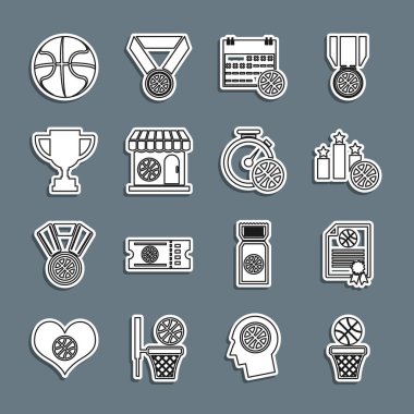Basketbol topu ve basket, sertifika basketbol ödülü, spor takvimi, mağaza, ödül kupası ve ikonlu Stopwatch 'ta spor kazanan podyum. Vektör
