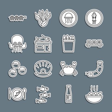 Balık çorbası, karides, kesme tahtasında suşi, denizanası tabağı, deniz ürünleri dükkanı, ahtapot, ızgara biftek ve balık ikonlu balık kovası. Vektör