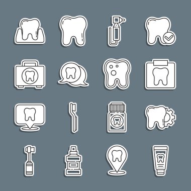 Tüpü diş macunu, diş tedavisi prosedürünü, röntgeni, matkabı, ilk yardım çantasını ve taşıyıcı ikonu hazırlayın. Vektör